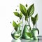 beakers plants, Green leaves in the flask filled with water, Green Chemistry on solid white background. ai generative