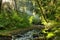 Beam of morning sunlight makes its way through the heavy foliage of the forest