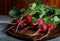 Beam of red radishes on a table