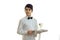 A beaming waiter luxury with bow tie and shirt holding a tray with glasses