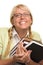 Beaming Woman Carries Stack of Books