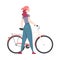Beaming Woman Standing Near Bicycle Enjoying Vacation or Weekend Activity Vector Illustration