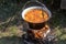 Bean goulash in a cauldron