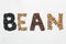 Bean word made of diferent bean seeds