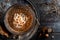 Beans - lentils with broth and onions. Cooking medieval. Rustic still life on a dark background.