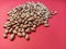 Beans on a red background. Many bean seeds are sprinkled in a heap. Vegetarian food. Blurred edges. Soft focus. Copy space