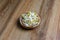 Beansprout in wooden bowl. Mungbean sprouts on wooden background