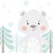 Bear baby winter print. Cute animal in snowy forest christmas card.