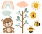 Bear bees honey vector illustration. Pink and blue trees cloud rainbow