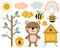 Bear bees honey vector illustration. Pink and blue trees cloud rainbow