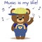 Bear a brown musician in a baseball cap, headphones and blue overalls stands with a raised hand in the style of cartoons