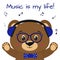 The bear is a brown musician, listening to music in blue headphones, glasses and a bow tie with raised paws, in the