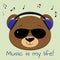 The bear is a brown musician, listening to music in blue headphones and sunglasses, in the style of cartoons.