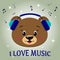 Bear brown musician, listening to music. Head in blue headphones in the style of cartoons.