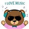 Bear is a brown musician, listens to music and sings. In green headphones, sunglasses, a bow tie and a pink shirt with