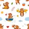 Bear brown seamless pattern. Cartoon bears fishing and dreaming, clouds and sun. Cute nursery textile print, fabric