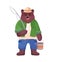 Bear character fisherman holding a bucket of fish and fishing rod in a hat, shorts and shirt. Vector flat cartoon illustration