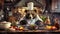 A bear in chef attire cooking in a rustic kitchen a portrait of culinary passion