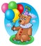 Bear clown with balloons on meadow