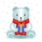 Bear cub sit with new year gift winter background