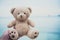 Bear doll in hands. Beach and sea background. Childhood and past memory concept. Happiness and lifestyle concept. Toy and soulmate