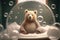 bear doll sitting in bathtub, surrounded by bubbles