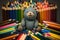 bear doll, surrounded by collection of different colored crayons