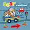 Bear driving a car to the city funny animal cartoon. vector illustration.