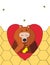 Bear eating honey in red heart on honeycomb background