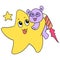 The bear flies in a rocket and meets a hug with a star in the sky, doodle icon image kawaii