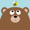 Bear grizzly big head looking at honey bee insect. Cute cartoon character. Forest baby animal collection. Blue sky background.