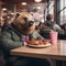 a bear head wearing a jacket and sitting at a table with a plate of don