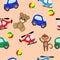 Bear, machine, helicopter and monkey toys. Colorful seamless background of Teddy bears and monkeys, cars and helicopters for girls