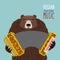 Bear playing accordion. Russian national musical instrument.