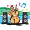 A bear plays a double bass in a hood music from speakers on a white isolated background. Vector image
