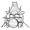 Bear plays the drum set. Engraving vector illustration. Sketch.