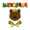 Bear portrait. Sombrero, Maracas, Mustache. Mexican bear. Mexicana text. Vector.