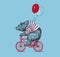 Bear Ride Bike Balloon Vector Grunge Print. Hipster Mascot Cute Wild Grizzly in Striped Vest on Bycicle Isolated