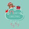 Bear in Santa hat, giftbox, snowflake, ball. Merry Christmas card. Hanging Candy Cane. Dash line with bow. Flat design. Blue backg