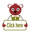 Bear with sign, click here, cartoon, english, isolated.