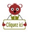 Bear with sign, click here, cartoon, french, isolated.
