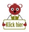 Bear with sign, click here, cartoon, german, isolated.