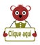 Bear with sign, click here, cartoon, portuguese, isolated.