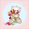Bear is sitting with a bouquet