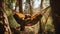 A bear sitting in a hammock in the woods. AI generative image.