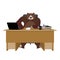 Bear sitting in an office. Russian boss at table. Businessman fr