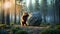 bear standing on the edge of a large rock in the middle of the forest