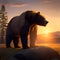 Bear standing on a rock at sunset. Wild Bears silhouetted against a sunset in the mountains. Bear or bearish market trend in