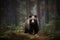 The bear stands in a gloomy forest. Generative AI