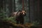 The bear stands in a gloomy forest. Generative AI